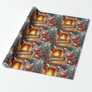 Cozy Abyssinian Cat by Fireplace Christmas Lights Wrapping Paper