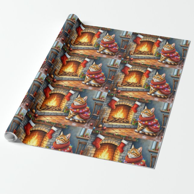 Cozy Abyssinian Cat by Fireplace Christmas Lights Wrapping Paper (Unrolled)