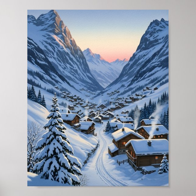 Cozy Alpine Village Dawn Snowy Mountain Valley Poster (Front)