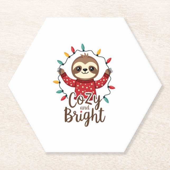 Cozy And Bright Sloth Christmas Lights (3) Paper Coaster (Front)