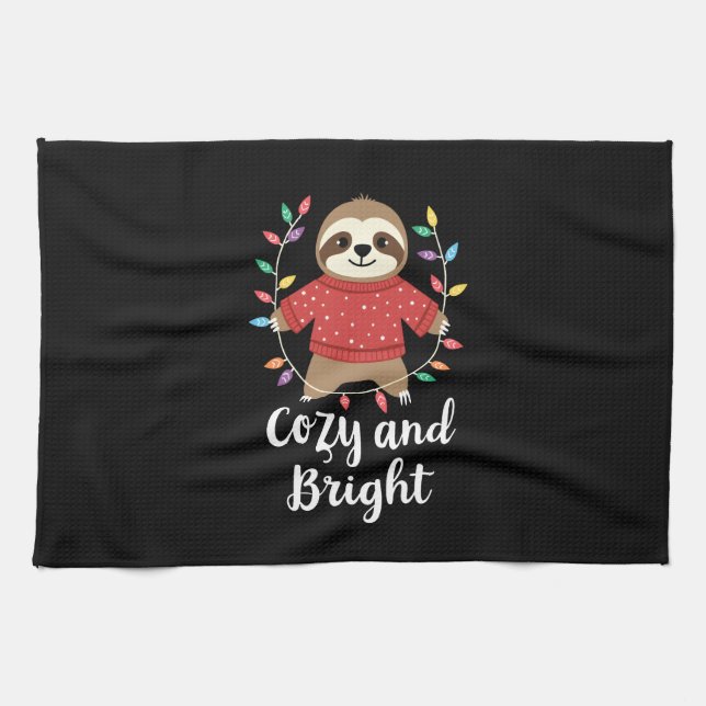 Cozy And Bright Sloth Christmas Lights (3) Tea Towel (Horizontal)