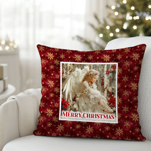 Cozy Angel Poinsettia Red Gold Custom Name Christm Cushion