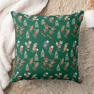 Cozy Animals Skiing Throw Pillow