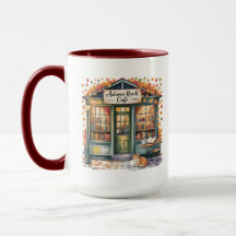 Cozy Autumn Book Café Mug — Open Book & Lantern 