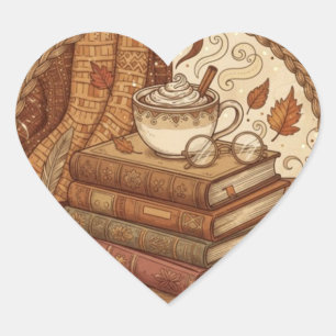 Cozy Autumn Books and Coffee Illustration Heart Sticker