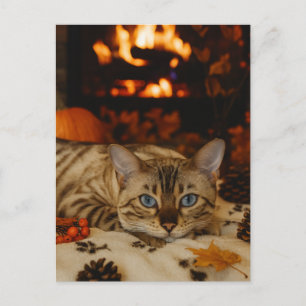 Cozy Autumn Cat Fireplace Warm Fall Postcard