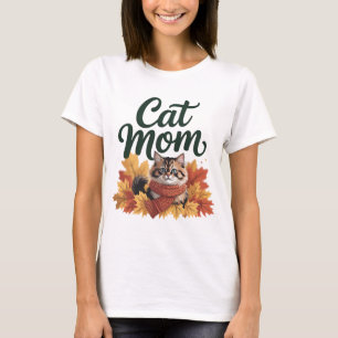 Cozy Autumn Cat Mom T-Shirt   Cute Fall Cat with S