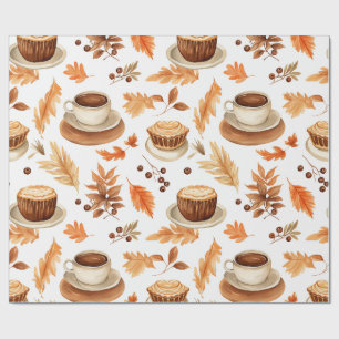 Cozy Autumn Coffee Cups and Leaves in Warm Earthy Wrapping Paper