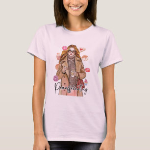Cozy Autumn Coffee Girl Watercolor Aesthetic T-Shi T-Shirt