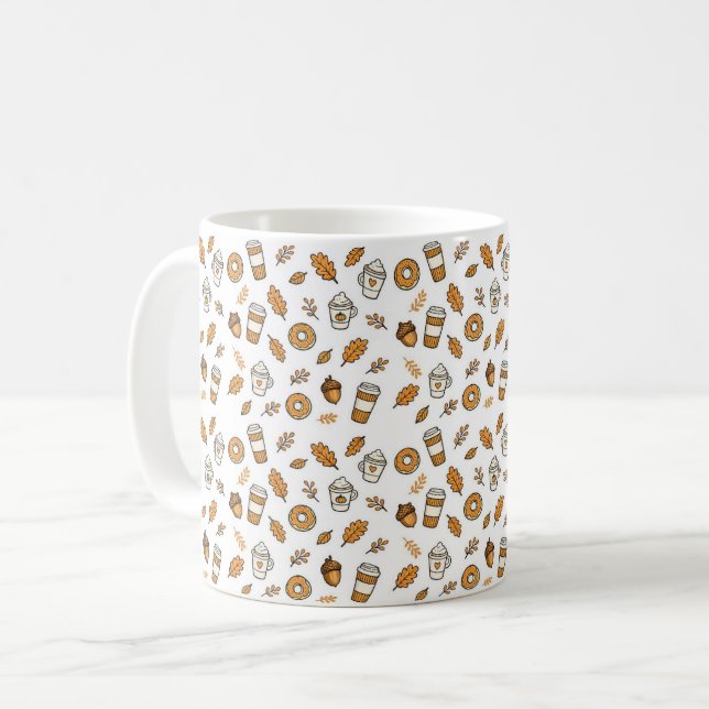 Cozy Autumn Coffee Pattern Mug with Fall Leaves  (Front Left)