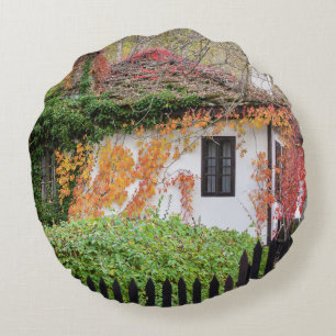 Cozy Autumn Cottage Countryside Architecture Round Cushion