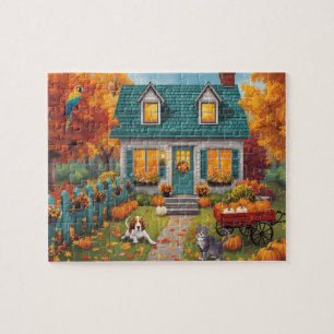 Cozy Autumn Cottage with Pumpkins Jigsaw Puzzle