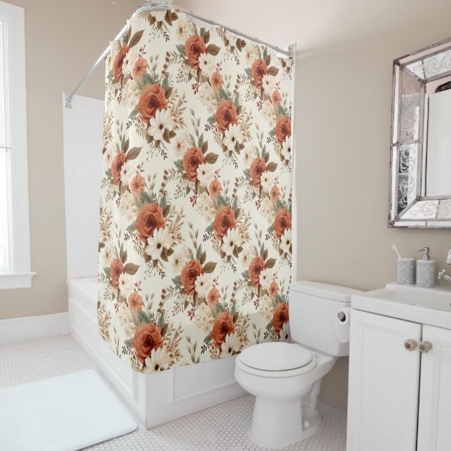 Cozy Autumn Floral Print Digital Art Shower Curtain (In Situ)