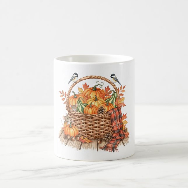 Cozy Autumn Harvest Basket with Mice and Birds Coffee Mug (Center)