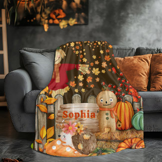 Cozy Autumn Hedgehog Fall Scarecrow Pumpkin Fleece Blanket