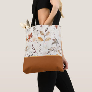 Cozy Autumn Leaves Botanical Print Color Block Tote Bag