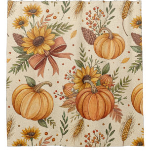 Cozy Autumn Pumpkin and Sunflower Pattern Shower Curtain