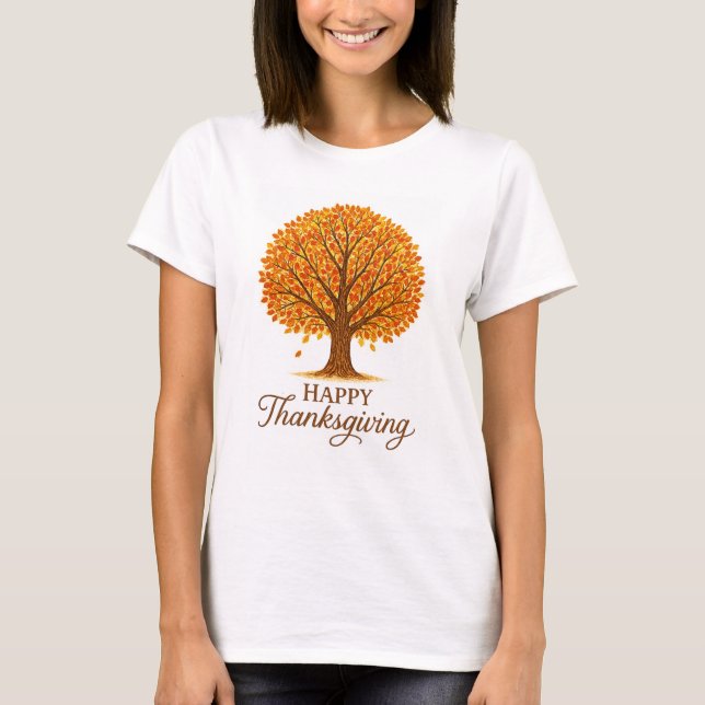 Cozy Autumn Tree Happy Thanksgiving  T-Shirt (Front)