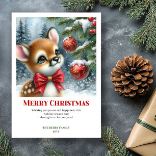 Cozy Baby Deer Winter Scene Watercolor Christmas Holiday Card