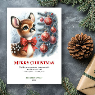Cozy Baby Fawn Christmas Scene Watercolor Greeting Holiday Card