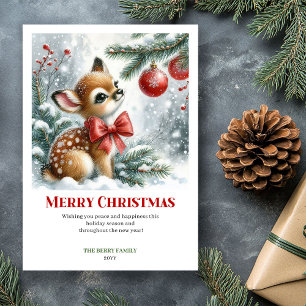 Cozy Baby Fawn Christmas Scene Watercolor Greeting Holiday Card