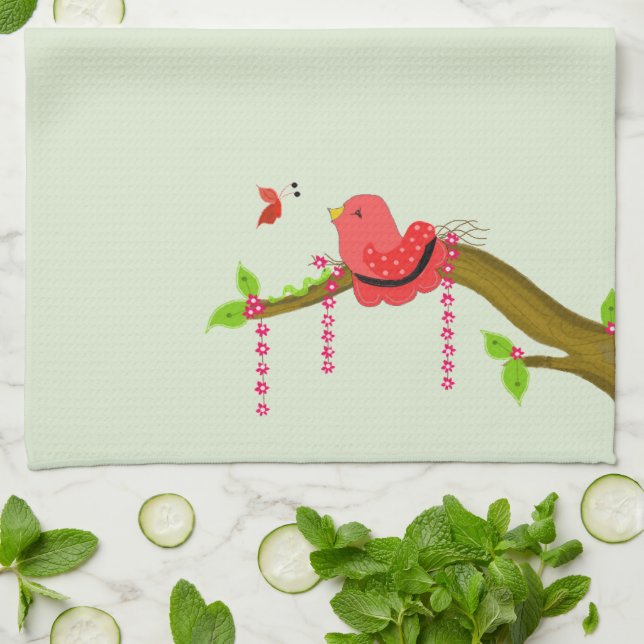 Cozy Bird Chirping At A Butterfly Tea Towel (Folded)