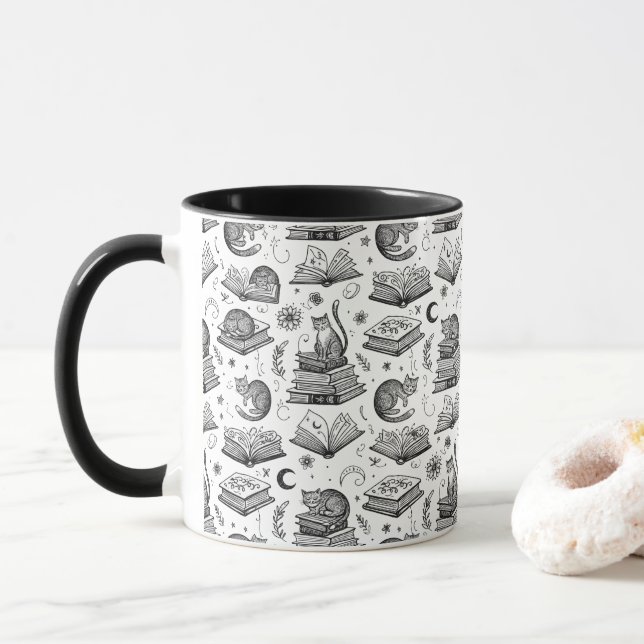 Cozy Black and White Cat on Books Pattern Mug (With Donut)