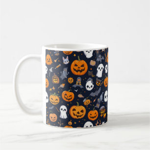Cozy Black Background Ghost & Pumpkin All-Over Pat Coffee Mug