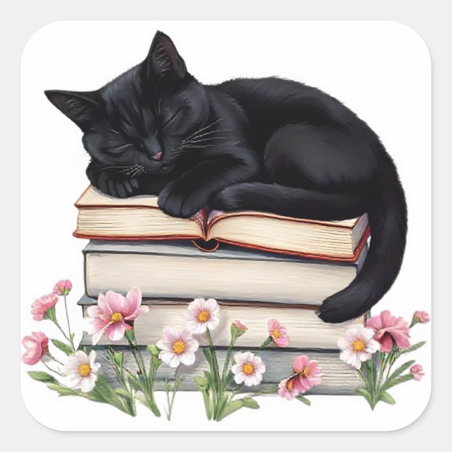 Cozy Black Cat Sleeping on Books Sticker  (Front)
