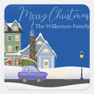 Cozy Blue Christmas Night in the Village Square Sticker