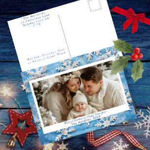 Cozy Blue Snowflake Christmas Photo Holiday Postcard