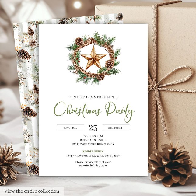 Cozy Bohemian Pine Wreath Minimalist Christmas  Invitation (Cozy Bohemian Pine Wreath Minimalist Christmas Invite)