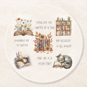 Cozy Book Lover Collage Round Paper Coaster