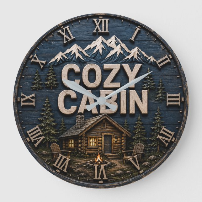 Cozy Cabin Rustic Mountain Log Cabin Lodge Large Clock (Front)