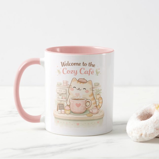 Cozy Cafe Kawaii Cute Kitty Cat Coffee Sweet Pink  Mug (With Donut)