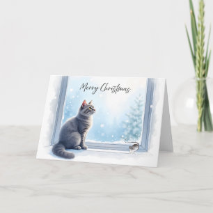 Cozy Cat and Mouse by Window Christmas Watercolor Card