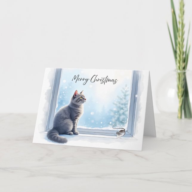 Cozy Cat and Mouse by Window Christmas Watercolor  Card (Front)