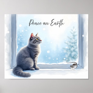 Cozy Cat and Mouse by Window Winter Watercolor Art Poster