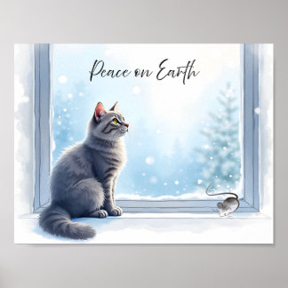 Cozy Cat and Mouse by Window Winter Watercolor Art Poster