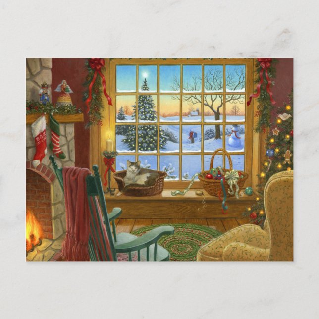Cozy cat Christmas Holiday Postcard (Front)