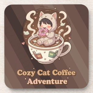 Cozy Cat Coffee Adventure Art Coaster