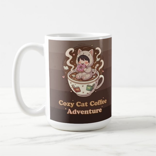 Cozy Cat Coffee Adventure Art Coffee Mug (Left)