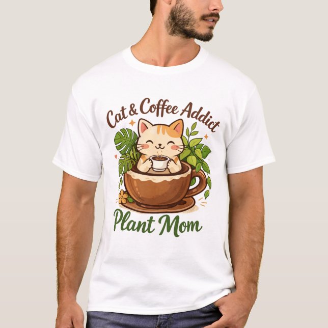 Cozy Cat Coffee and Plants Artwork T-Shirt (Front)
