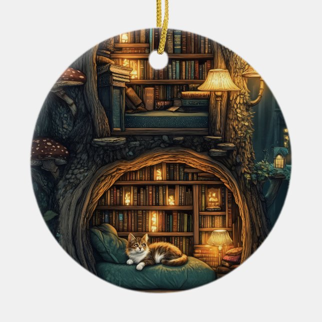Cozy Cat in a Magical Treehouse Library Ceramic Tree Decoration (Front)
