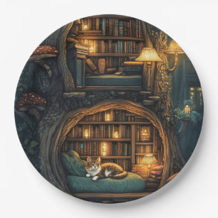 Cozy Cat in a Magical Treehouse Library Paper Plate