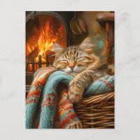 Cozy Cat Sleeping in Basket by Warm Fireplace