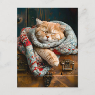 Cozy Cat Sleeping on a wooden box Postcard