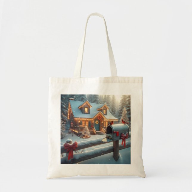 Cozy Christmas Cabin Winter Wonderland Tote Bag (Front)