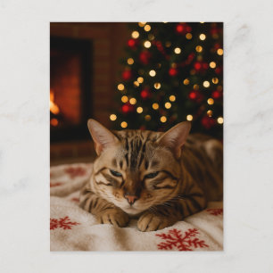 Cozy Christmas Cat Postcard Bengal Cat Fireplace
