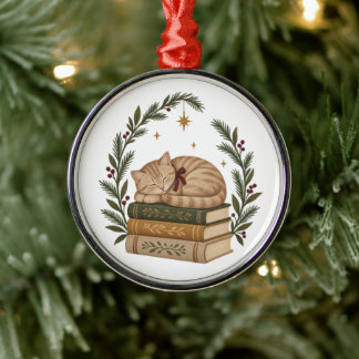 Cozy Christmas Cat Sleeping on Vintage Books Metal Tree Decoration